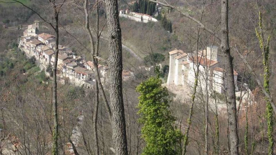 Veduta panoramica di un borgo collinare con case in pietra e tetti in coppi, osservato attraverso tronchi e rami di alberi in primo piano. Sulla destra si distingue un grande edificio storico con mura chiare e tetto rosso, circondato da vegetazione e pendii boscosi.