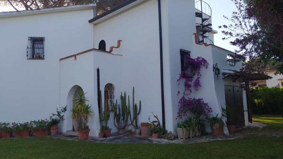 Casa in stile mediterraneo con pareti bianche e tetto spiovente, finestre con inferriate e una scala a chiocciola esterna che porta alla terrazza. Davanti c’è un prato con patio in pietra e vasi di cactus e altre piante, tra cui una bougainvillea viola che sale sulla facciata.