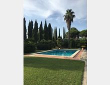 Piscina rettangolare all’aperto con bordo in piastrelle e scaletta metallica, circondata da prato curato e camminamenti. Sullo sfondo un giardino mediterraneo con cipressi alti, una palma e arbusti fioriti sotto un cielo parzialmente nuvoloso.
