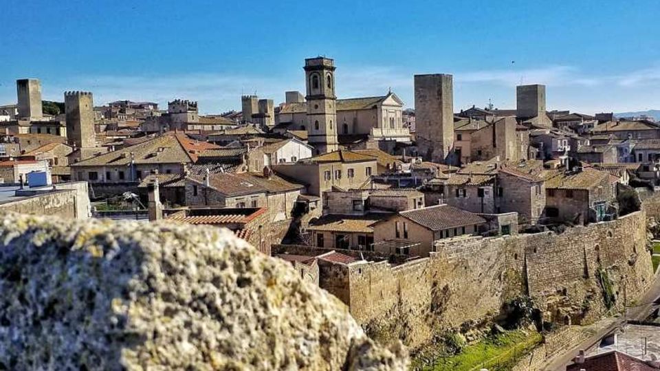 Veduta panoramica di un centro storico con tetti in coppi e alte torri in pietra, dominato da una chiesa con campanile. In primo piano si vede un muro in pietra e, più in basso, le mura cittadine lungo una strada.