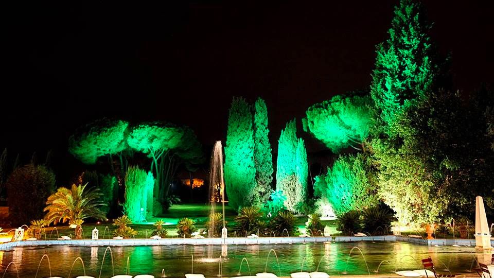 Fontana rettangolare illuminata di notte, con getti d’acqua lungo il bordo e una vasca centrale. Sullo sfondo un giardino con alberi e siepi alti illuminati da luci verdi e bianche contro il cielo scuro.