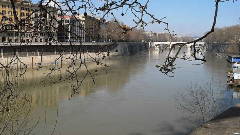 Veduta di un fiume urbano con alte banchine in muratura e palazzi storici lungo la riva sinistra, con alberi spogli in primo piano che incorniciano la scena. Sullo sfondo si vede un ponte e alcune imbarcazioni attraccate vicino alla riva destra.