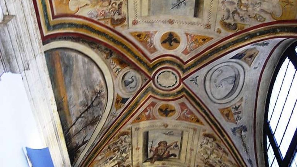 Volta a botte di un interno storico decorata con affreschi e motivi ornamentali, con riquadri centrali figurativi e cornici policrome. Ai lati si vedono lunette dipinte e una grande finestra ad arco che illumina lo spazio.
