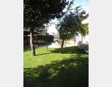 Giardino con prato verde e alberi che creano ombra, con una fontana centrale in pietra e un lampione lungo il vialetto. Ai lati si vedono una panchina vicino a un edificio e una struttura coperta tipo pergolato.