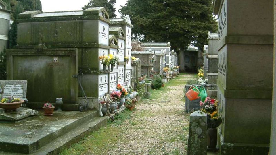 Viale di un cimitero con sentiero in ghiaia, fiancheggiato da tombe in muratura e loculi sovrapposti, con lapidi e vasi di fiori. Sullo sfondo si vedono grandi alberi e altre strutture funerarie lungo il percorso.
