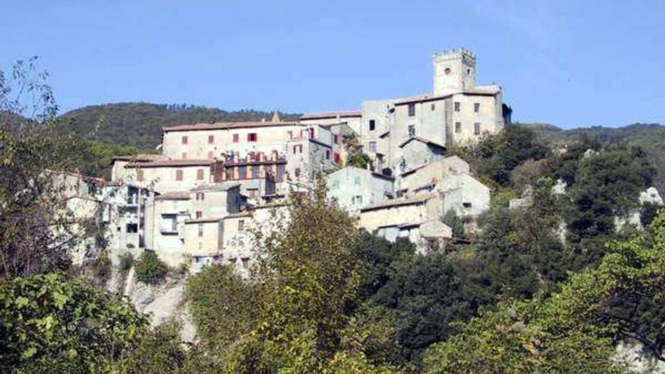 Borgo collinare con case in pietra e intonaco chiaro disposte su un pendio, dominato da un edificio con torre quadrata. Vegetazione fitta e alberi in primo piano, con colline boscose sullo sfondo sotto un cielo sereno.