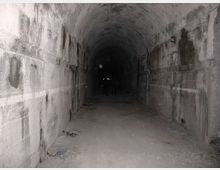 Lungo tunnel sotterraneo in cemento con soffitto a volta, pareti macchiate e pavimento polveroso. L’illuminazione è scarsa e il passaggio si perde nel buio verso il fondo.
