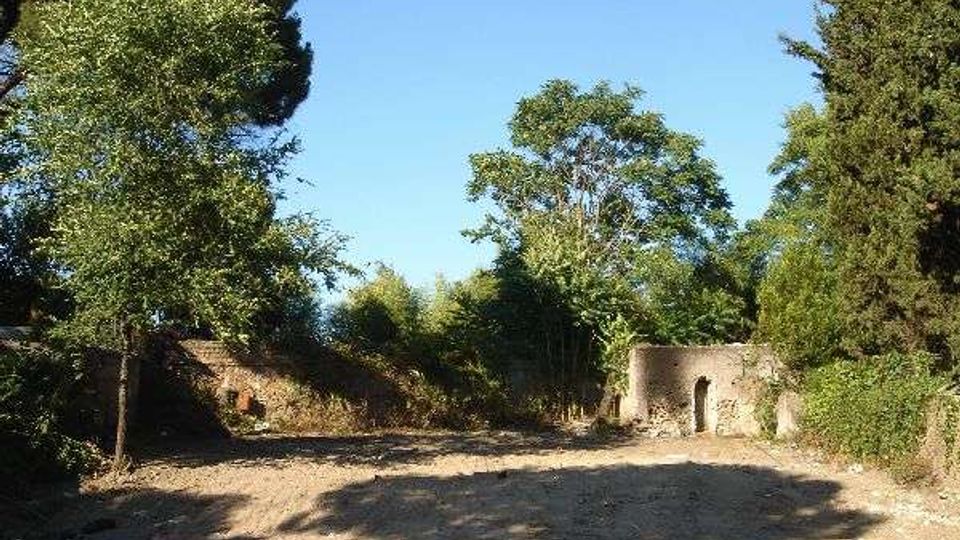 Spiazzo sterrato in un’area rurale circondata da alberi alti e vegetazione fitta, sotto un cielo azzurro. Ai lati si vedono due piccole strutture in muratura in rovina, una con aperture ad arco.