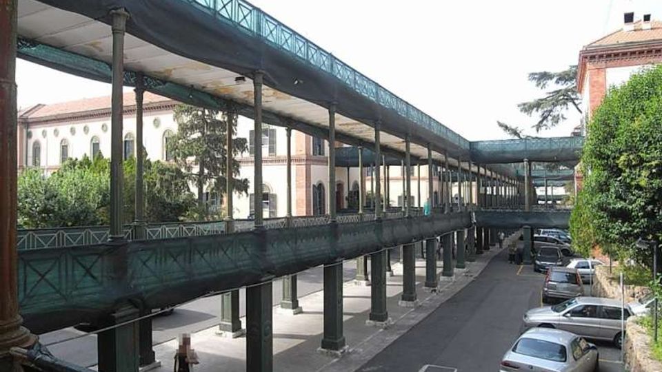 Passerella sopraelevata in metallo con struttura reticolare e tettoia, sostenuta da una lunga fila di pilastri, che corre lungo una strada con auto parcheggiate. Sullo sfondo si vedono edifici in muratura e aree alberate in un contesto urbano.