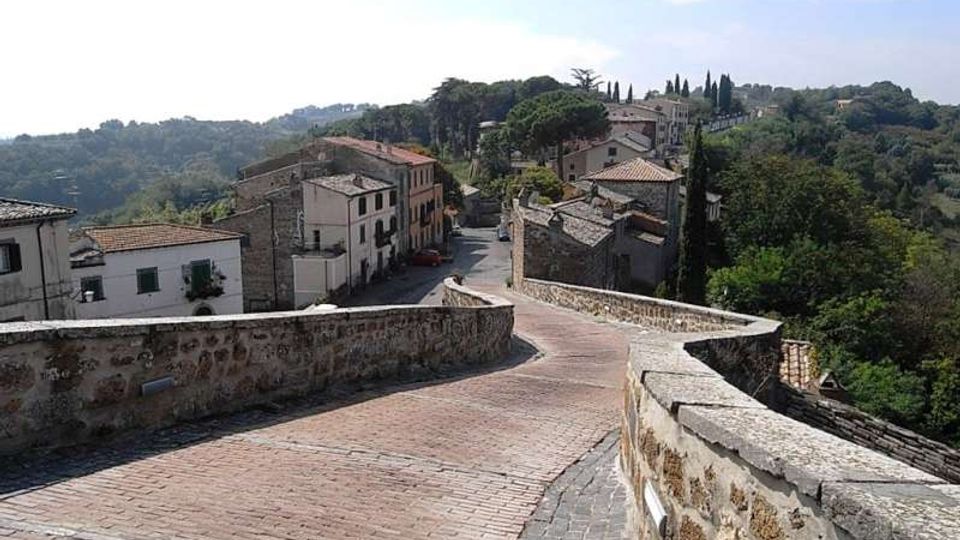 Strada in mattoni su un ponte o camminamento in pietra con muretti laterali, che scende verso un piccolo borgo con case in muratura e tetti in tegole. Sullo sfondo si vedono colline alberate con cipressi e vegetazione mediterranea sotto un cielo sereno.