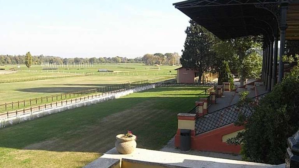 Terrazza con muretto basso che affaccia su un ampio prato con piste delimitate da staccionate, simile a un ippodromo o campo sportivo. A destra si vede una tribuna coperta con struttura metallica, gradinate e alberi sullo sfondo.