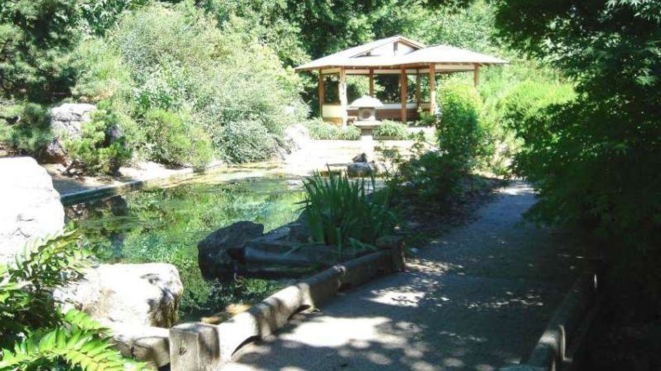 Sentiero in un giardino paesaggistico con uno stagno bordato da rocce e vegetazione fitta, circondato da alberi. Sullo sfondo si vede un padiglione in legno con tetto a falde e un piccolo elemento decorativo in pietra vicino all’acqua.
