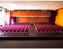 Sala conferenze con pareti rivestite in legno, soffitto bianco con illuminazione a incasso e file di sedie imbottite bordeaux disposte in blocchi con corridoio centrale. Sul lato sinistro grandi finestre a tutta altezza e tende bordeaux incorniciano l’area frontale della sala.