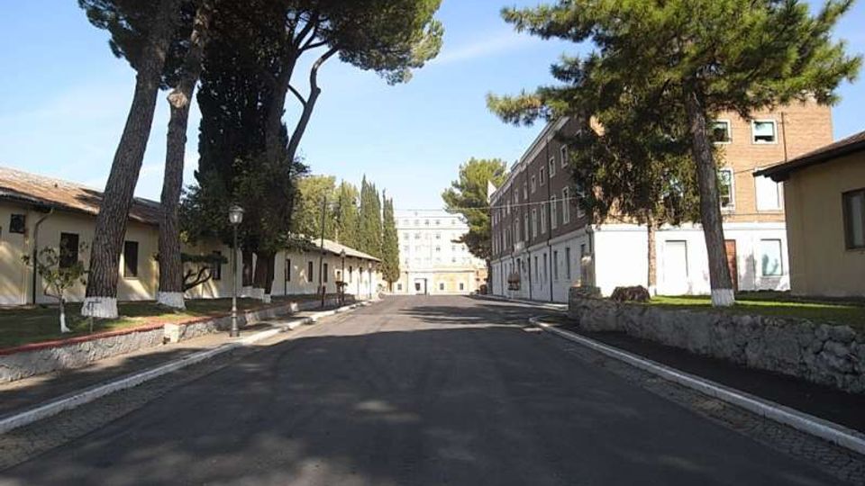 Strada asfaltata rettilinea all’interno di un complesso, fiancheggiata da alti pini e lampioni, con piccoli edifici bassi a sinistra e un edificio in mattoni a più piani sulla destra. Sullo sfondo si vede un grande edificio chiaro in fondo al viale sotto un cielo sereno.