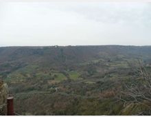 Veduta panoramica di una valle collinare con boschi e campi verdi a mosaico, attraversata da una strada sinuosa. Sullo sfondo si vede una dorsale boscosa sotto un cielo nuvoloso, con rami spogli in primo piano.