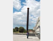 Terrazza pavimentata in cemento con parapetti bassi, dominata da un alto camino cilindrico scuro al centro. Sullo sfondo si vedono alberi e un edificio residenziale lineare con balconi e antenne sotto un cielo parzialmente nuvoloso.