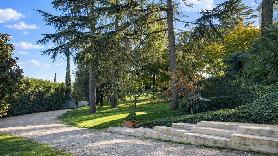 Giardino alberato con ampio prato e alti alberi sempreverdi, attraversato da un vialetto in ghiaia che curva lungo siepi fitte. A destra ci sono bassi gradini in pietra e vegetazione ornamentale, sotto un cielo sereno.