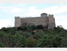 Castello in pietra su una collina, con alte mura merlate e torri angolari. In primo piano vegetazione fitta di macchia mediterranea e arbusti, con cielo chiaro sullo sfondo.