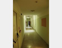 Corridoio interno lungo e stretto con pavimento piastrellato e pareti bicolore verde chiaro e bianco, illuminato da plafoniere a soffitto. Lungo le pareti si vedono porte e dispositivi antincendio, con una porta aperta in fondo al corridoio.