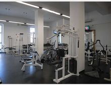 Interno di una palestra con ampie colonne bianche, illuminazione a neon e pavimento in gomma scura. Sono presenti diverse macchine per pesi e cardio, panche e una fila di manubri lungo la parete con grandi finestre.
