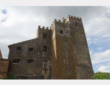 Castello in pietra con alte torri quadrate merlate e mura massicce, con finestre piccole e facciata in parte intonacata. L’edificio è ripreso dal basso contro un cielo nuvoloso, con vegetazione visibile sullo sfondo laterale.
