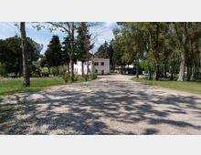 Strada sterrata in ghiaia che attraversa un’area alberata, con alberi alti ai lati e ombre sul terreno. Sullo sfondo si vedono alcuni edifici bassi chiari e spazi verdi circostanti.