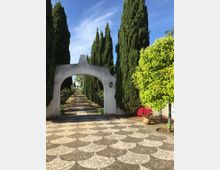 Arco d’ingresso in muratura bianca che incornicia un lungo viale rettilineo fiancheggiato da alti cipressi. In primo piano c’è una pavimentazione a mosaico con motivi geometrici e, a lato, un arbusto verde e un vaso con fiori rossi.