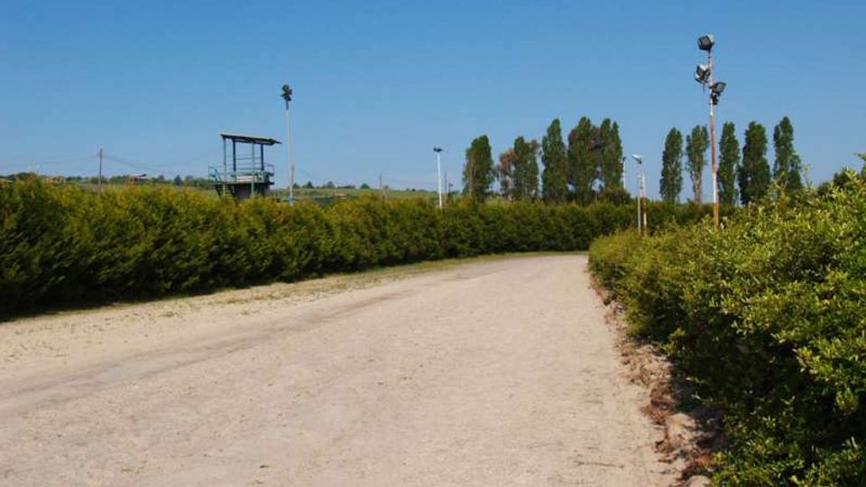 Strada sterrata ampia che curva verso destra, fiancheggiata da siepi verdi e illuminata da pali con fari. Sullo sfondo si vedono una piccola struttura metallica e una fila di alberi alti sotto un cielo sereno.