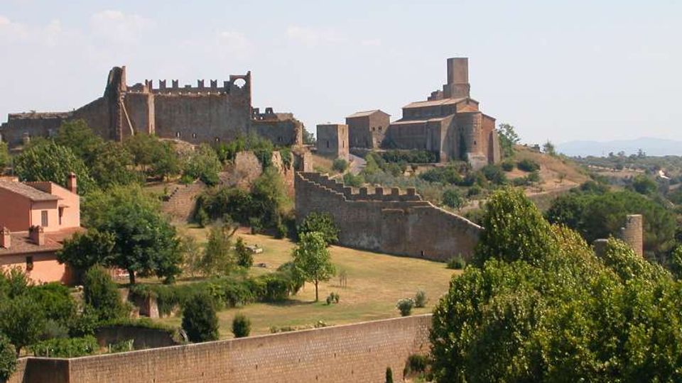 Veduta panoramica di un borgo collinare con un castello medievale in pietra e una grande chiesa fortificata con torre, circondati da mura merlate. In primo piano si vedono campi e alberi, con una lunga cinta muraria che attraversa il paesaggio.