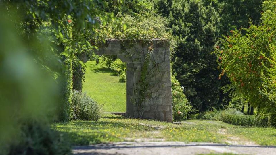 Sentiero in un parco verde con prato e alberi, con un vecchio arco/portale in pietra coperto da rampicanti al centro della scena. Vegetazione fitta e cespugli incorniciano il percorso in una giornata luminosa.