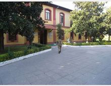 Edificio a due piani in stile tradizionale, con facciata gialla e bordature rosse attorno a finestre e ingressi, affacciato su un ampio piazzale pavimentato. Davanti si trovano aiuole bordate di bianco con siepi e alberi, che incorniciano il percorso verso l’entrata.