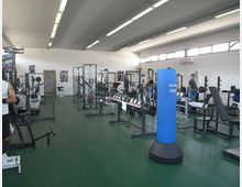 Interno di una palestra con ampio open space, pavimento verde e soffitto alto con luci lineari. Sono presenti panche e rack per pesi, una lunga rastrelliera di manubri e un sacco da boxe blu al centro, con grandi finestre alte lungo una parete.