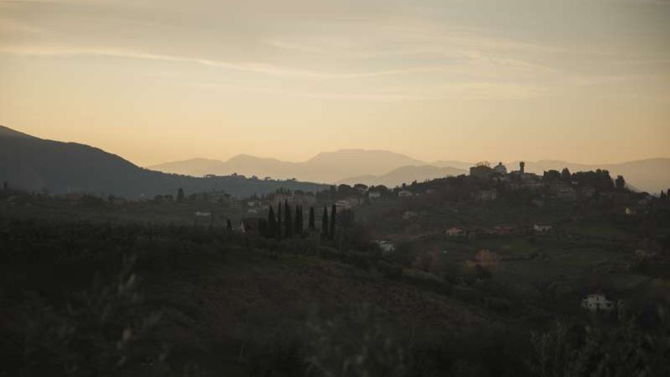 Panorama di colline ondulate con vegetazione e filari di cipressi in primo piano, con un piccolo borgo su un crinale sulla destra. Sullo sfondo si vedono montagne stratificate in lontananza sotto un cielo chiaro al tramonto.