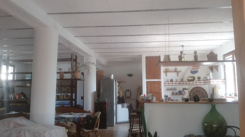 Interno open space con cucina a vista e bancone in muratura rivestito di piastrelle, illuminato da finestre laterali e lampade a sospensione. Soffitto con travi dipinte di bianco, colonne, pavimento in piastrelle e arredi misti tra tavoli, sedie e scaffali con oggetti decorativi.