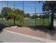 Campo sportivo all’aperto recintato con rete metallica alta, con prato e una piccola pedana verde all’interno. In primo piano c’è un marciapiede pavimentato con un albero in una fioriera circolare, e sullo sfondo si vedono alberi e strutture sportive.