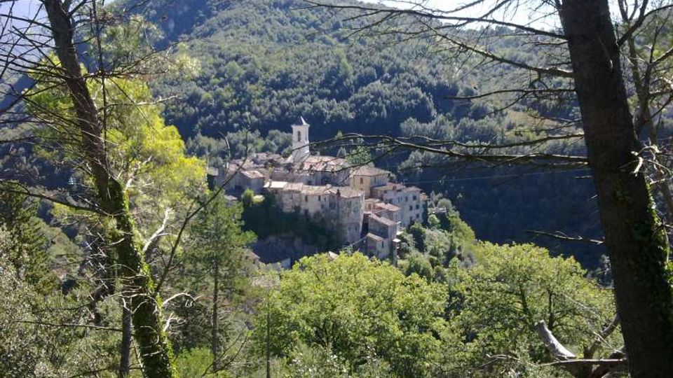 Veduta da un pendio boscoso su un piccolo borgo in pietra arroccato su una collina, con un campanile bianco che spicca tra i tetti. Sullo sfondo si estendono montagne coperte di foreste, incorniciate da alberi e rami in primo piano.