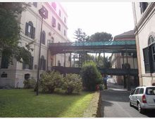 Cortile tra edifici in stile istituzionale con facciate chiare e finestre ad arco, collegati da una passerella sopraelevata in metallo con parapetto verde. In primo piano si vedono un prato con arbusti e una strada di accesso che passa sotto la struttura.
