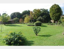 Ampio giardino con prato verde curato, cespugli e piccoli alberi sparsi, con una siepe arrotondata vicino a una piccola area d’acqua. Sullo sfondo si vedono alberi alti e alcune strutture basse immerse nel verde.
