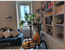 Salotto domestico con divano blu e cuscini decorati, poltrona con coperta e pavimento a piastrelle con motivi geometrici. Vicino a una finestra con radiatore e grande pianta in vaso, si vedono una libreria alta piena di libri e oggetti e una bicicletta appoggiata.