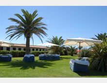 Giardino di un resort con ampio prato verde, palme e tavoli apparecchiati con tovaglie bianche e blu sotto grandi ombrelloni. Sullo sfondo si vede un edificio basso con tetto in tegole e siepi lungo il perimetro.