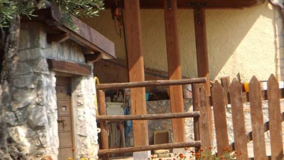 Portico in legno addossato a una casa con pareti intonacate, sostenuto da pilastri e coperto da una piccola tettoia spiovente. Davanti si vedono una staccionata rustica, un’aiuola con fiori e un vialetto di pietra accanto a un albero.