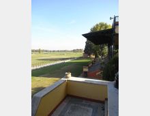 Terrazza con muretto basso che affaccia su un ampio prato con piste delimitate da staccionate, simile a un ippodromo o campo sportivo. A destra si vede una tribuna coperta con struttura metallica, gradinate e alberi sullo sfondo.