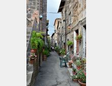 Vicolo stretto di un borgo con edifici in pietra e mattoni a vista, finestre e portoni affacciati sulla strada. Lungo il percorso ci sono scale esterne, lampioni e numerosi vasi con piante e fiori, con cavi sospesi tra le facciate.