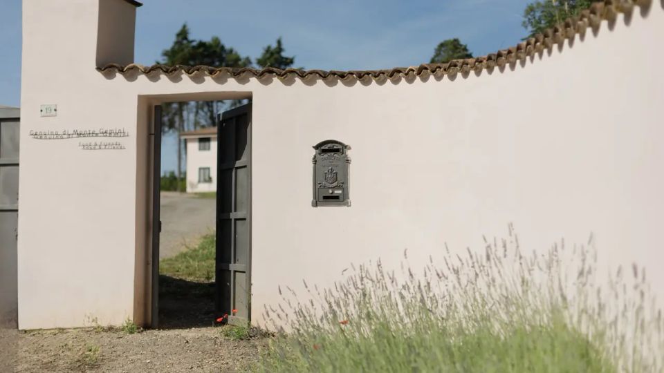 Muro d’ingresso intonacato bianco con copertura in coppi, un cancello nero socchiuso e una cassetta postale in metallo fissata al centro. Attraverso l’apertura si vede un vialetto che conduce a un edificio bianco sullo sfondo, con vegetazione e cielo sereno intorno.