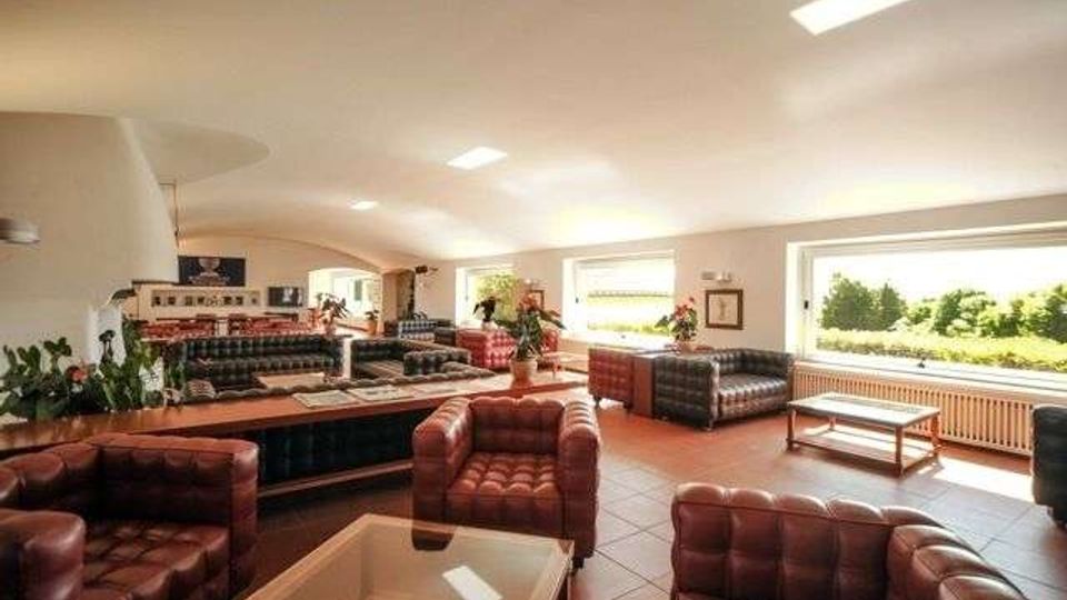 Ampia sala lounge interna con divani e poltrone in pelle trapuntata disposti in più zone, tavolini bassi e pavimento piastrellato. Grandi finestre laterali illuminano l’ambiente e affacciano su un’area verde esterna, con soffitto chiaro e luci a pannello.