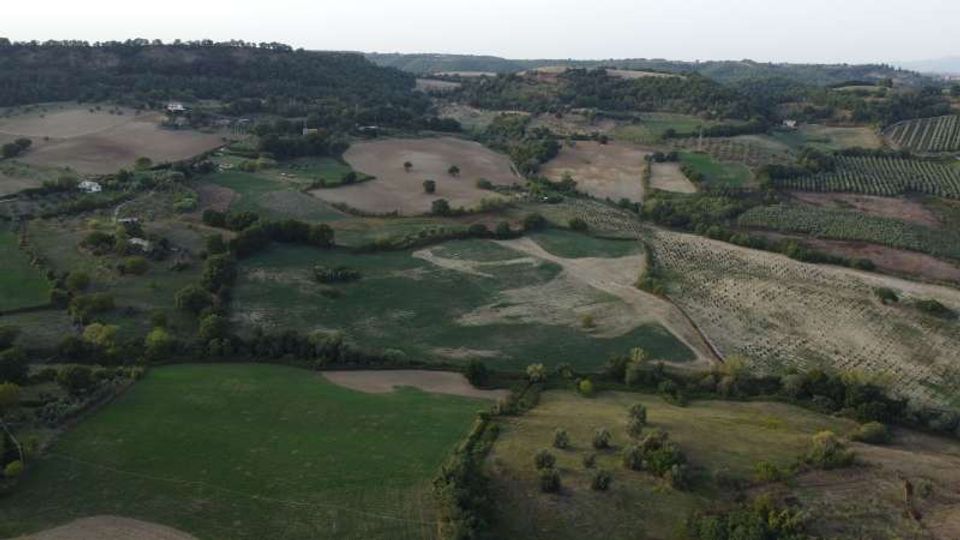 Veduta aerea di una campagna collinare con campi coltivati a parcelle, filari di vigneti e aree verdi intervallate da boschetti. Sentieri e strade sterrate attraversano i terreni, con colline boscate sullo sfondo.