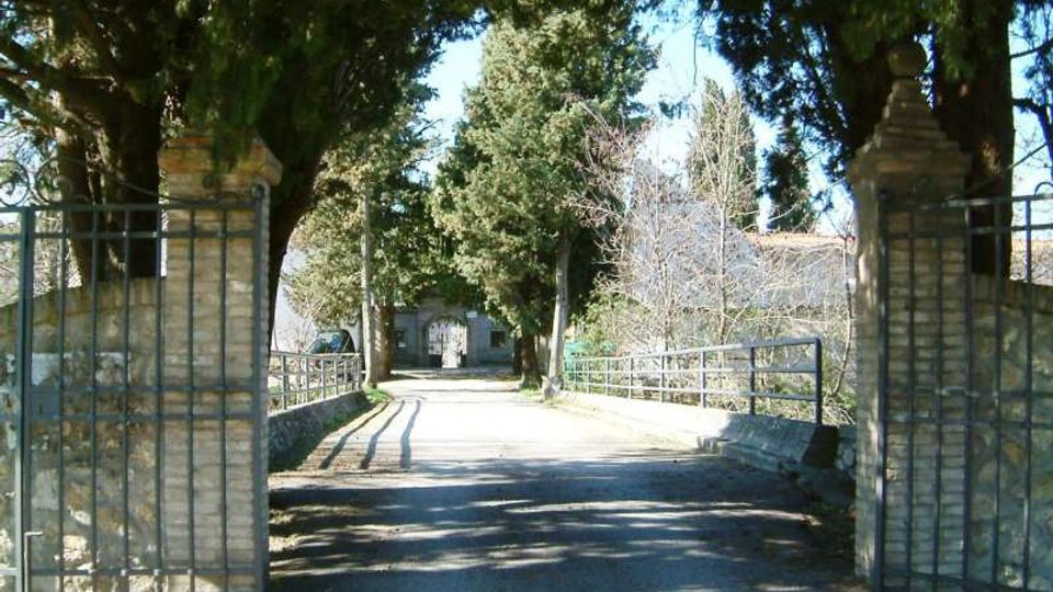 Ingresso con cancello in ferro aperto tra pilastri in mattoni, che immette in un vialetto asfaltato. Il percorso è fiancheggiato da ringhiere e alti alberi sempreverdi, con edifici sullo sfondo.