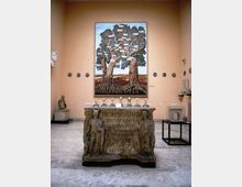 Sala museale con pareti color pesca e pavimento in pietra, con al centro un grande altare lapideo inciso e affiancato da reperti esposti su piedistalli e teche. Sulla parete di fondo è appeso un grande dipinto raffigurante un albero, con medaglioni e busti antichi disposti lungo le pareti.