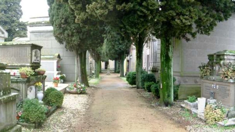 Viale di un cimitero con strada sterrata centrale, fiancheggiata da alti cipressi e tombe e cappelle in muratura ai lati. Ai bordi si vedono lapidi, vasi di fiori e piccole aiuole curate.