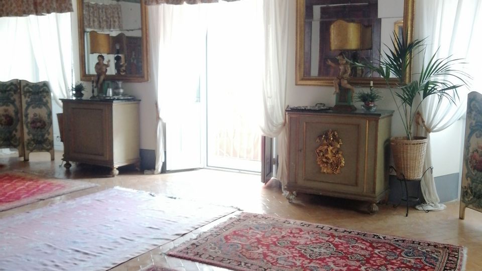 Salone interno in stile classico con soffitto decorato a affreschi e cornici, ampie finestre con tende leggere e specchi dorati alle pareti. Sul pavimento in parquet ci sono grandi tappeti orientali rossi, credenze antiche e una pianta in vaso vicino a una portafinestra.